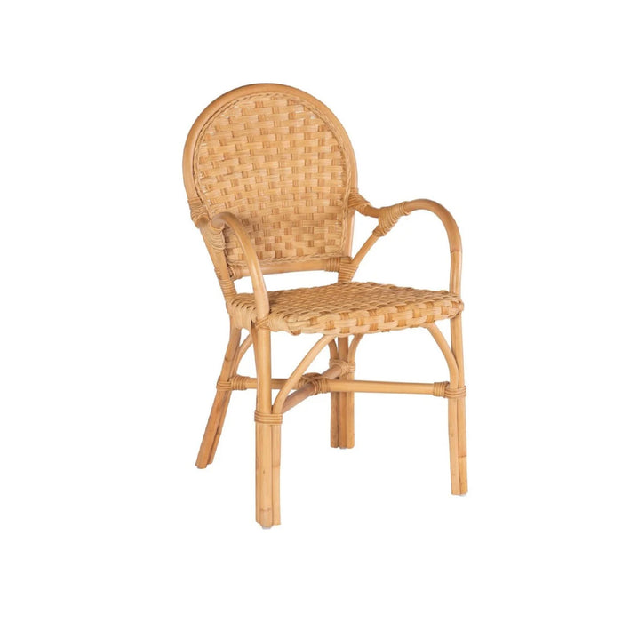 The Kenian Sumba Natural Rattan Arm Chair features a curved backrest and armrests, shown on a white background.