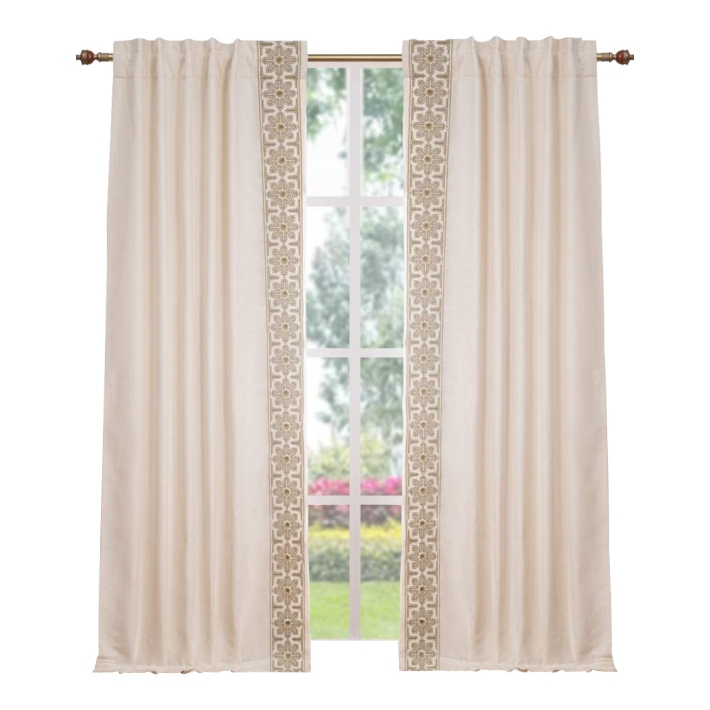 ivory linen blend drapes taupe floral embroidered edge