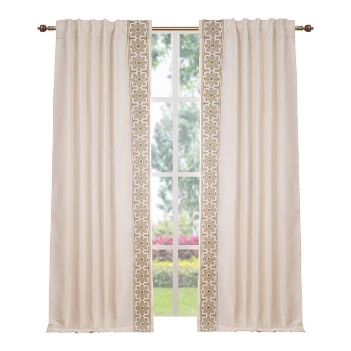 ivory linen blend drapes taupe floral embroidered edge