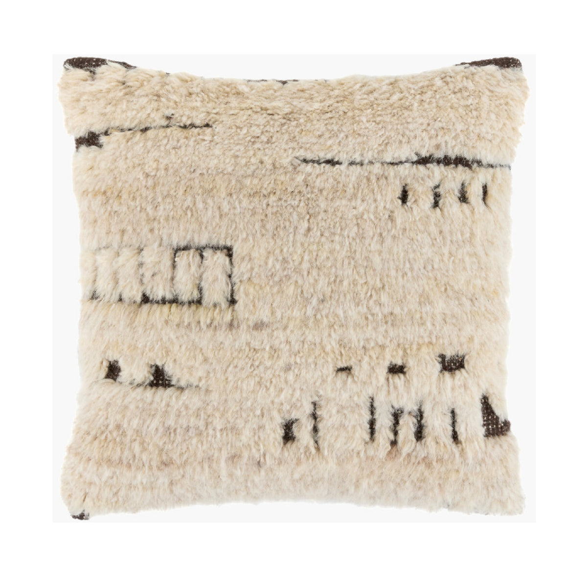 A square shaggy throw pillow in cream beige with dark brown abstract woven patterns, shown against a plain white background.