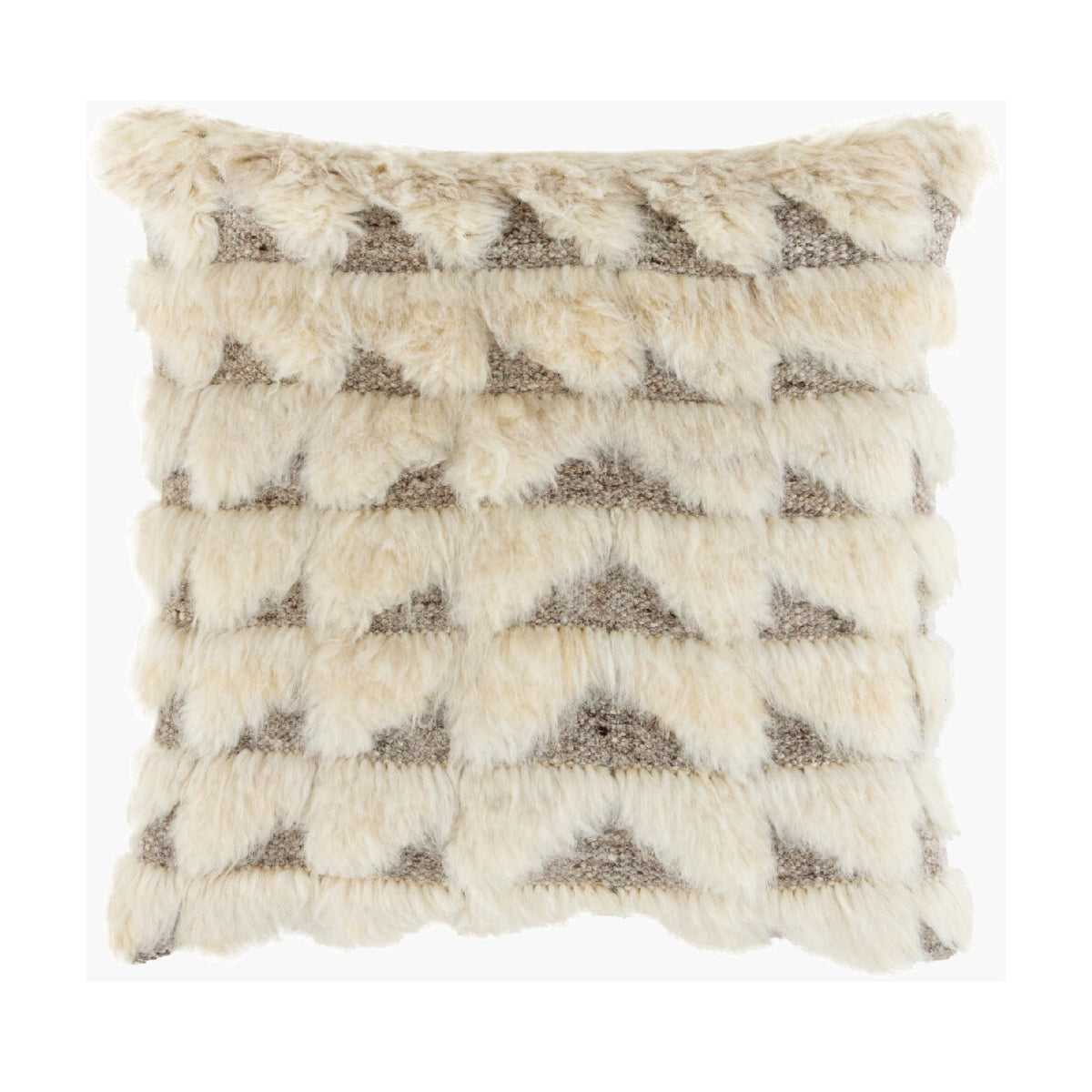A square decorative throw pillow with a textured, layered faux-fur or sheepskin-like surface in cream and taupe, featuring a geometric chevron pattern.