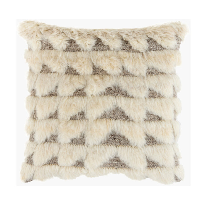 A square decorative throw pillow with a textured, layered faux-fur or sheepskin-like surface in cream and taupe, featuring a geometric chevron pattern.