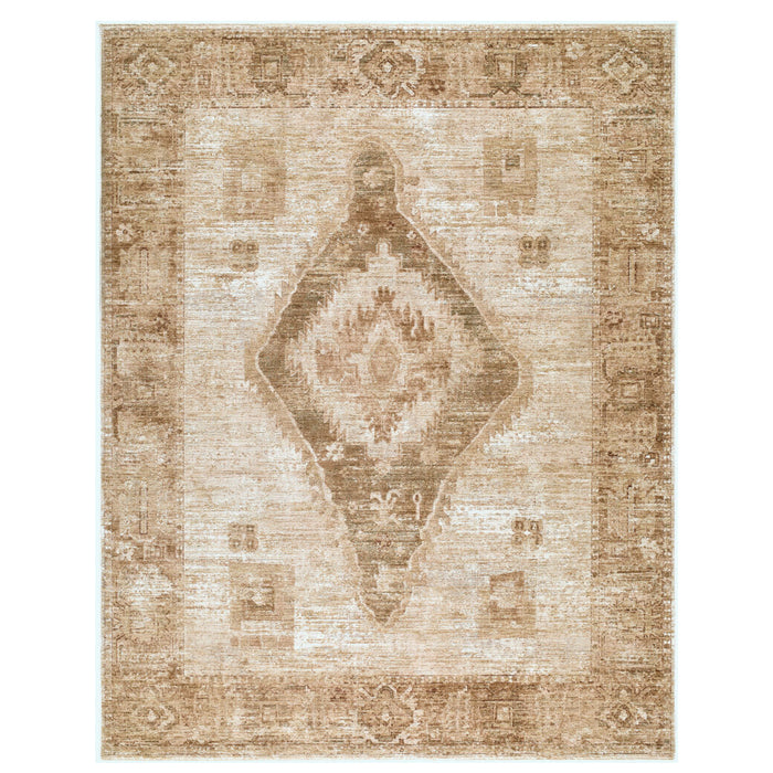 A rectangular area rug with a distressed traditional design, featuring a central diamond medallion and geometric borders in shades of beige, tan, and light brown.