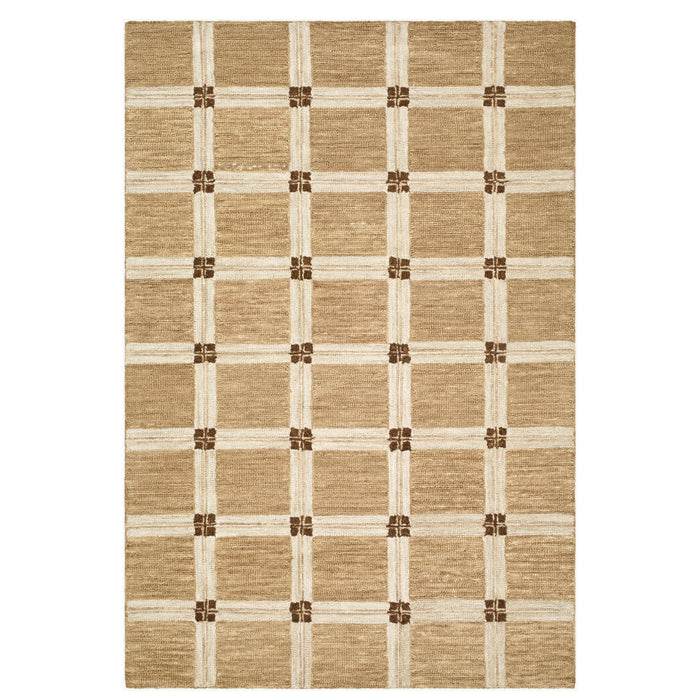 A rectangular area rug with a woven natural jute texture, featuring a cream-colored grid pattern and small brown decorative accents at the intersections of the grid.