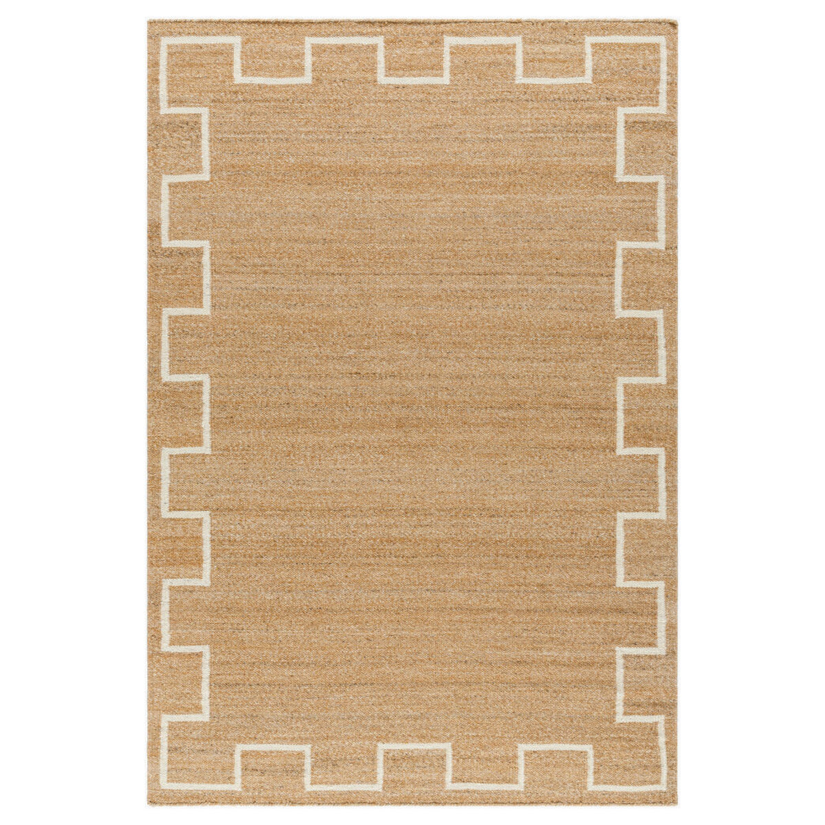 A rectangular natural jute rug with a cream-colored geometric border pattern, shown flat against a white background.