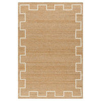 A rectangular natural jute rug with a cream-colored geometric border pattern, shown flat against a white background.
