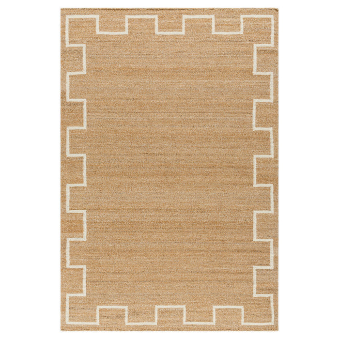 A rectangular natural jute rug with a cream-colored geometric border pattern, shown flat against a white background.