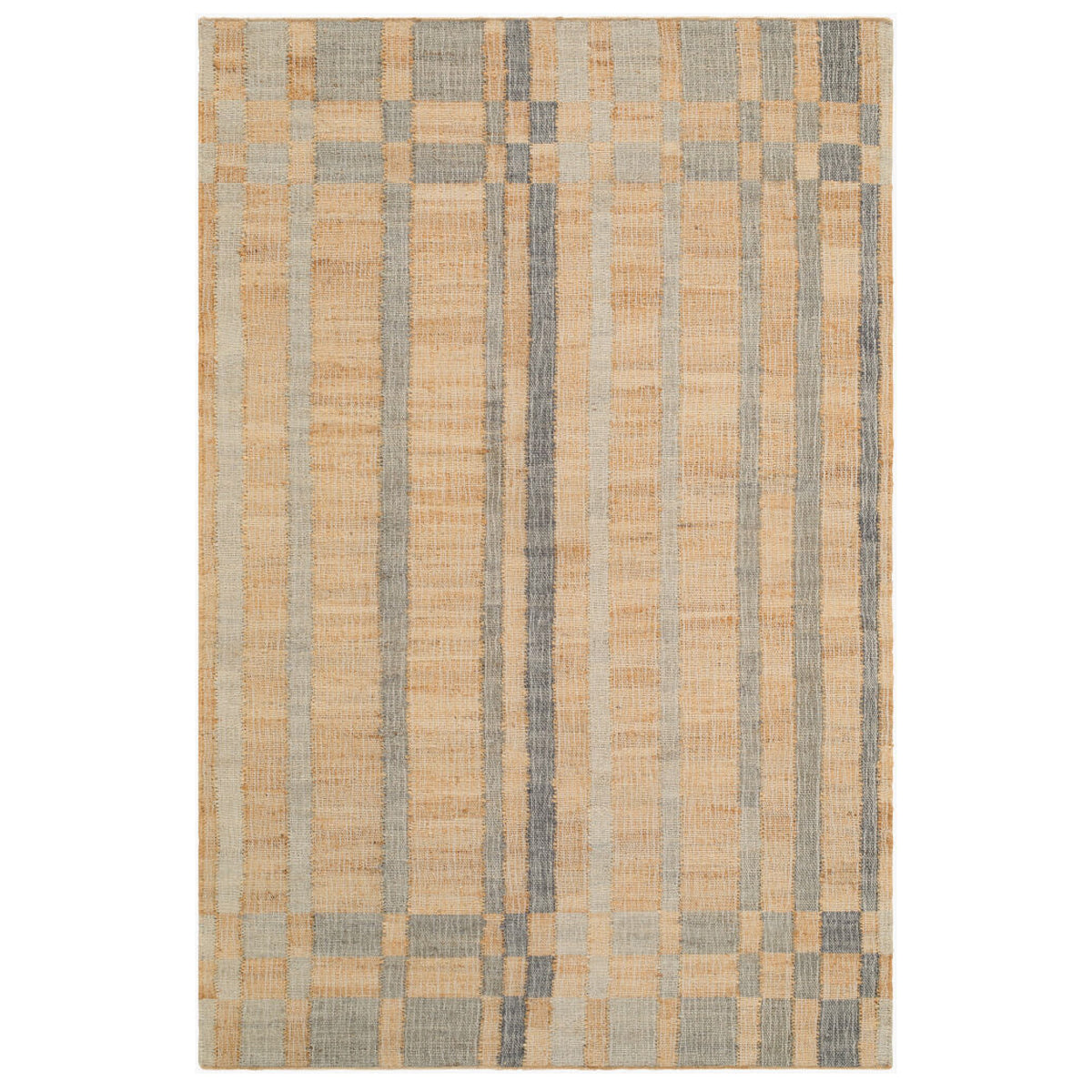 A rectangular area rug with a geometric plaid pattern in natural beige, light gray, and muted blue-gray tones, shown flat against a white background.