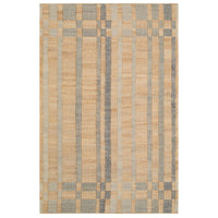 A rectangular area rug with a geometric plaid pattern in natural beige, light gray, and muted blue-gray tones, shown flat against a white background.