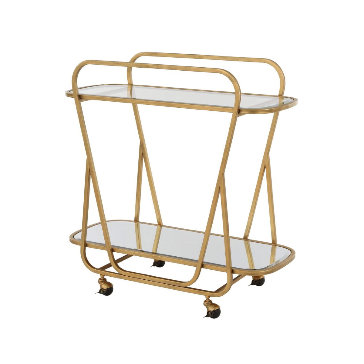 The Swain Bar Cart by Uttermost features two glass shelves and four wheels, shown against a white background.