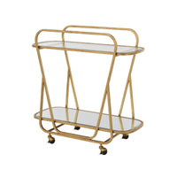 The Swain Bar Cart by Uttermost features two glass shelves and four wheels, shown against a white background.