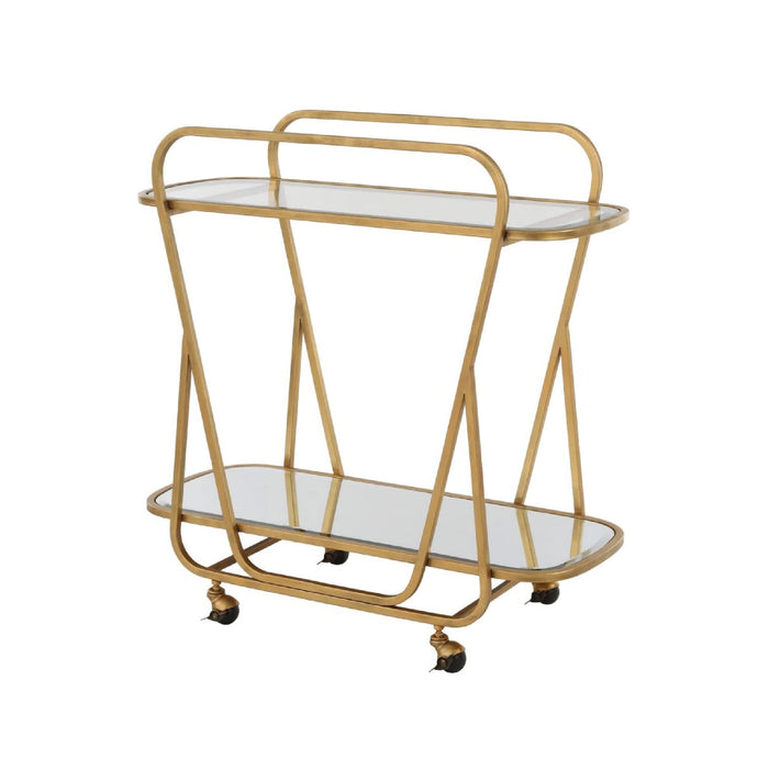 The Swain Bar Cart by Uttermost features two glass shelves and four wheels, shown against a white background.