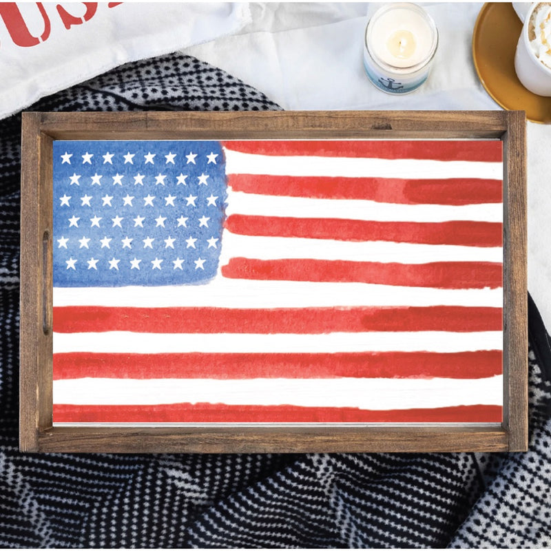 flag serving tray wood handles red white blue