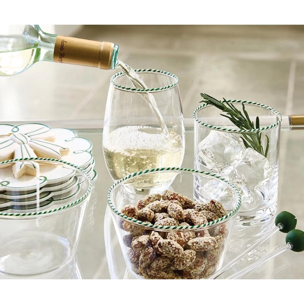 green white twist rimmed clear wine glasses 