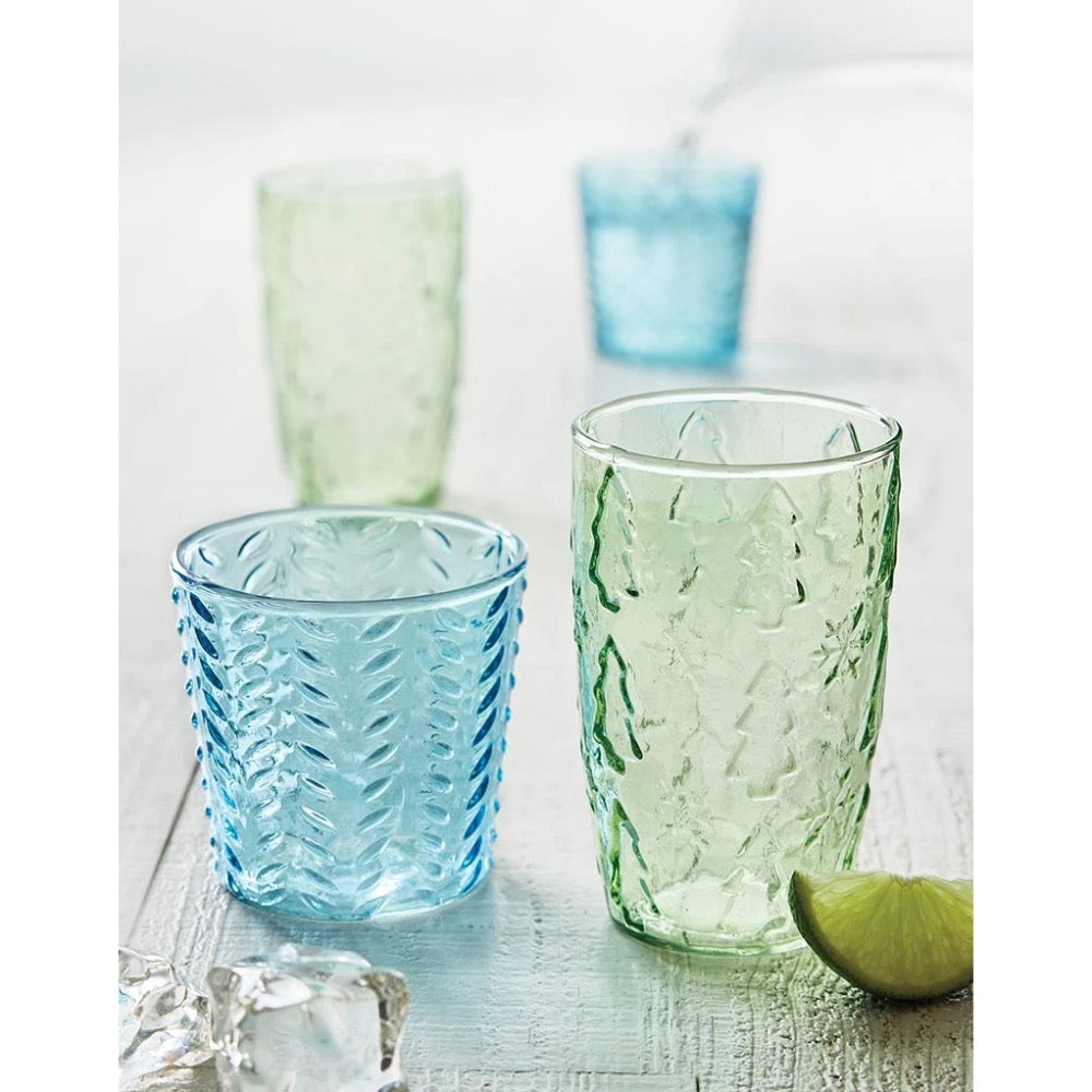 blue green Christmas tree glass set 