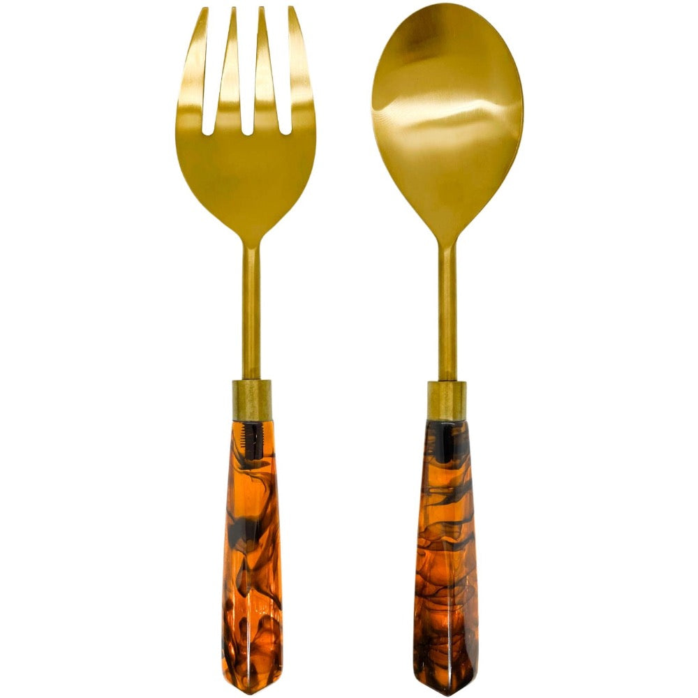 serving set spoon fork gold tortoise shell acrylic handles
