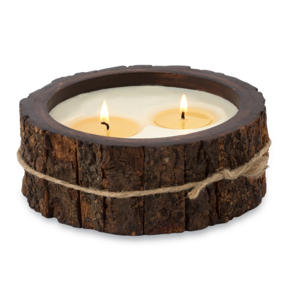 flat round brown wood candle