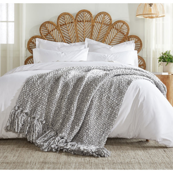 grey wool throw blanket weave tassel edge