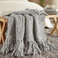 grey wool throw blanket weave tassel edge