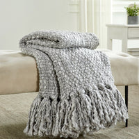 grey wool throw blanket weave tassel edge