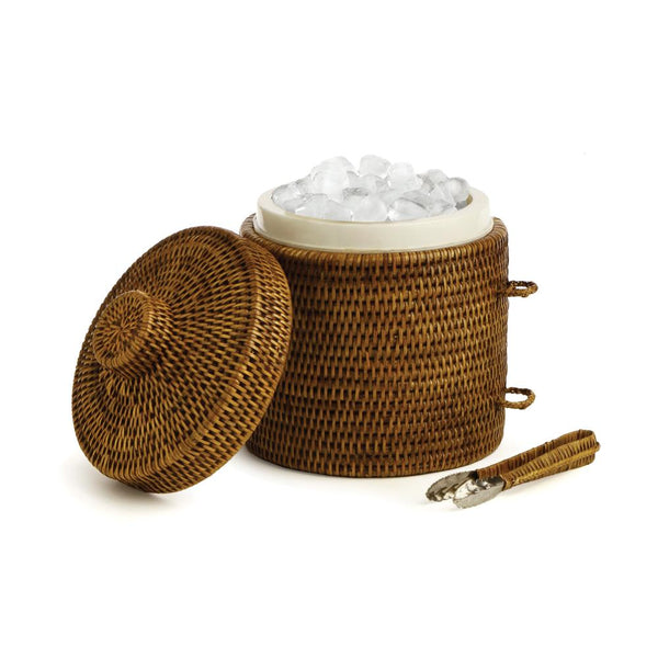 Woven basket with a lid containing ice cubes on a white background