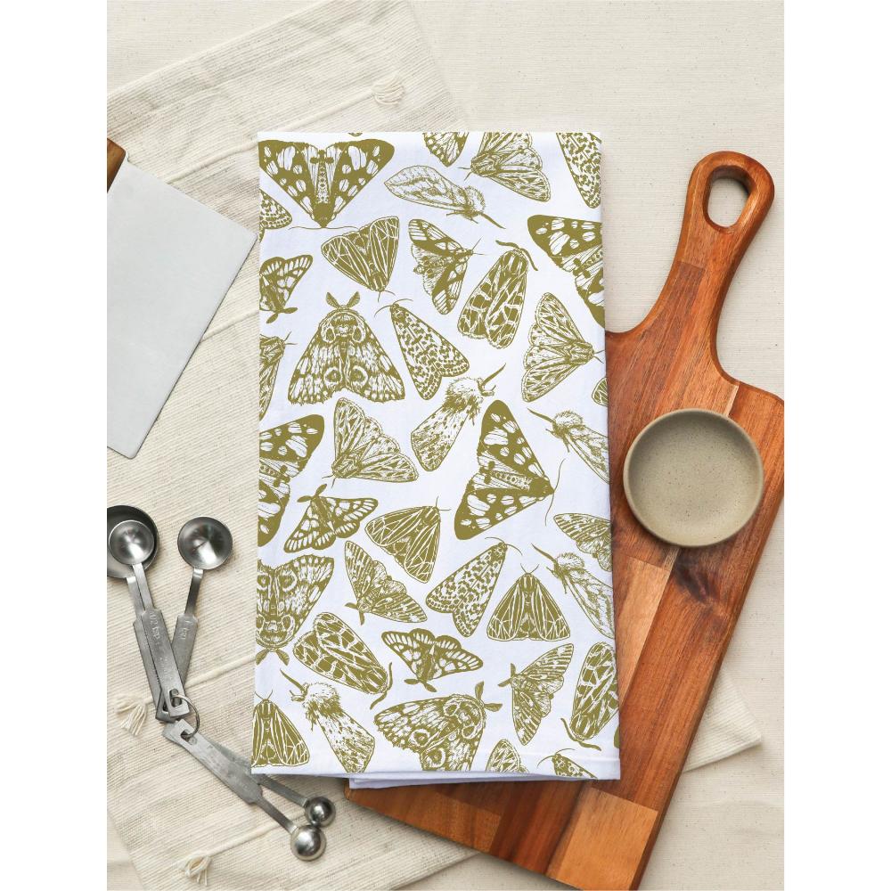 white flour sack tea towel green yellow printed moths