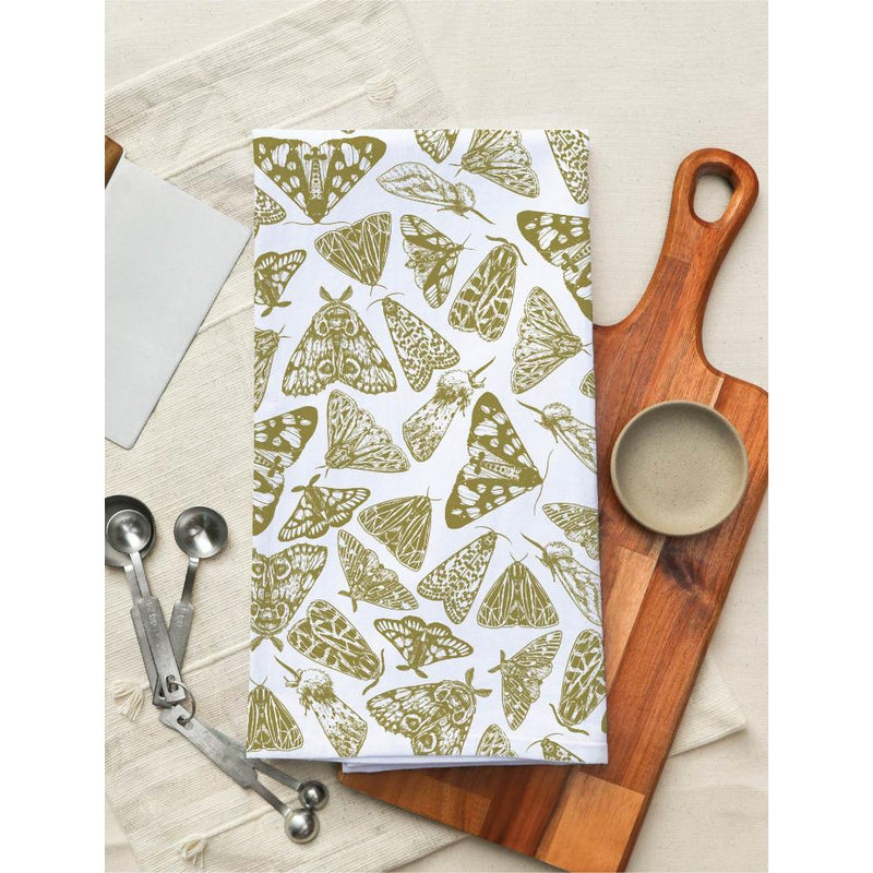 white flour sack tea towel green yellow printed moths