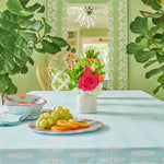 blue white tablecloth patterned