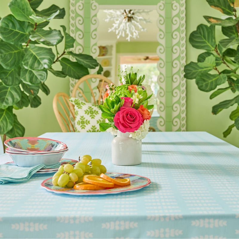 blue white tablecloth patterned