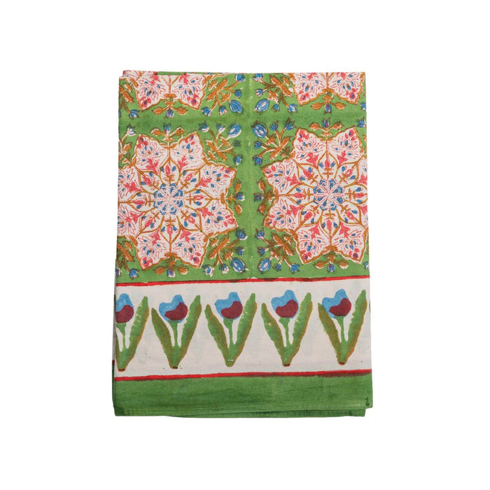 pink green block-printed cotton tablecloth