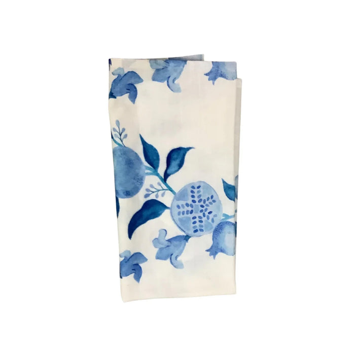 Abigails Blue Pomegranate Napkins (set of 8) feature a blue pomegranate floral design—perfect for any table setting.