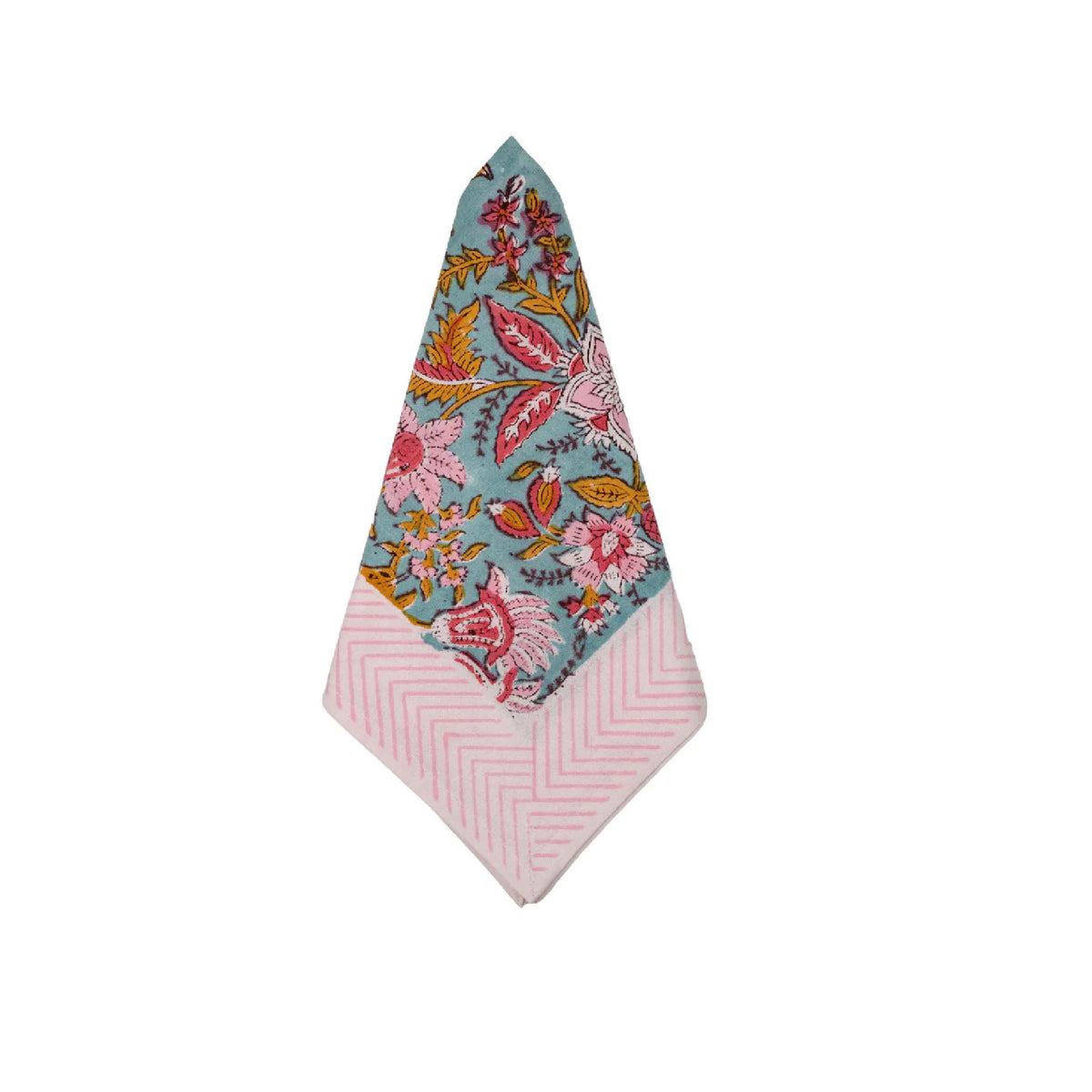 Floral patterned napkin with pink zigzag border on a white background