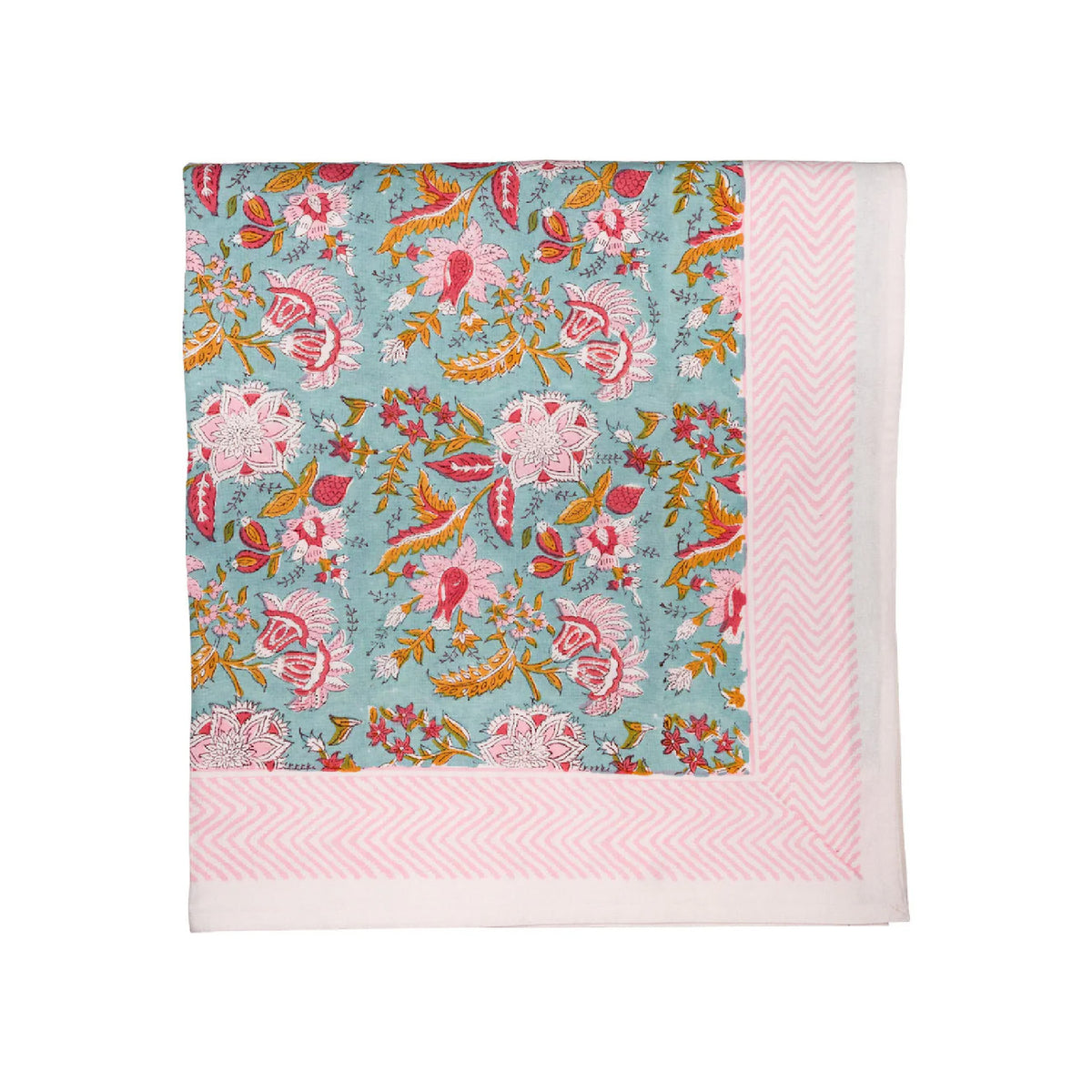 Floral patterned tablecloth with pink border on a white background