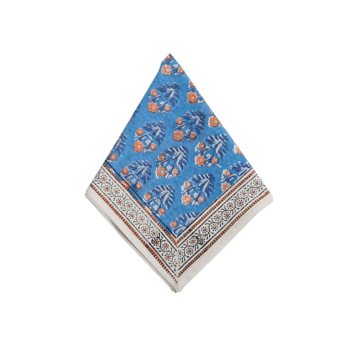 blue background orange flowers block-printed cotton napkins 8