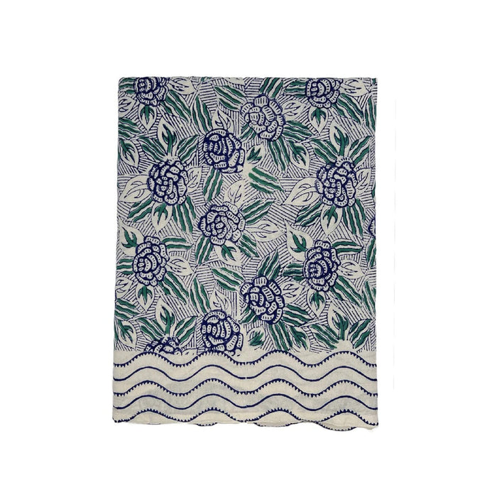 ivory navy green floral block-printed cotton tablecloth