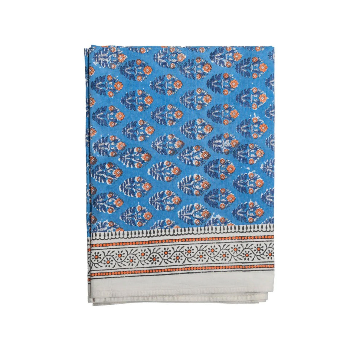 blue background orange flowers block-printed cotton tablecloth