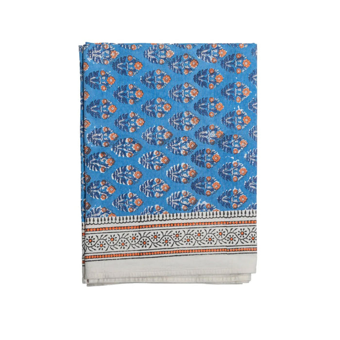 blue background orange flowers block-printed cotton tablecloth
