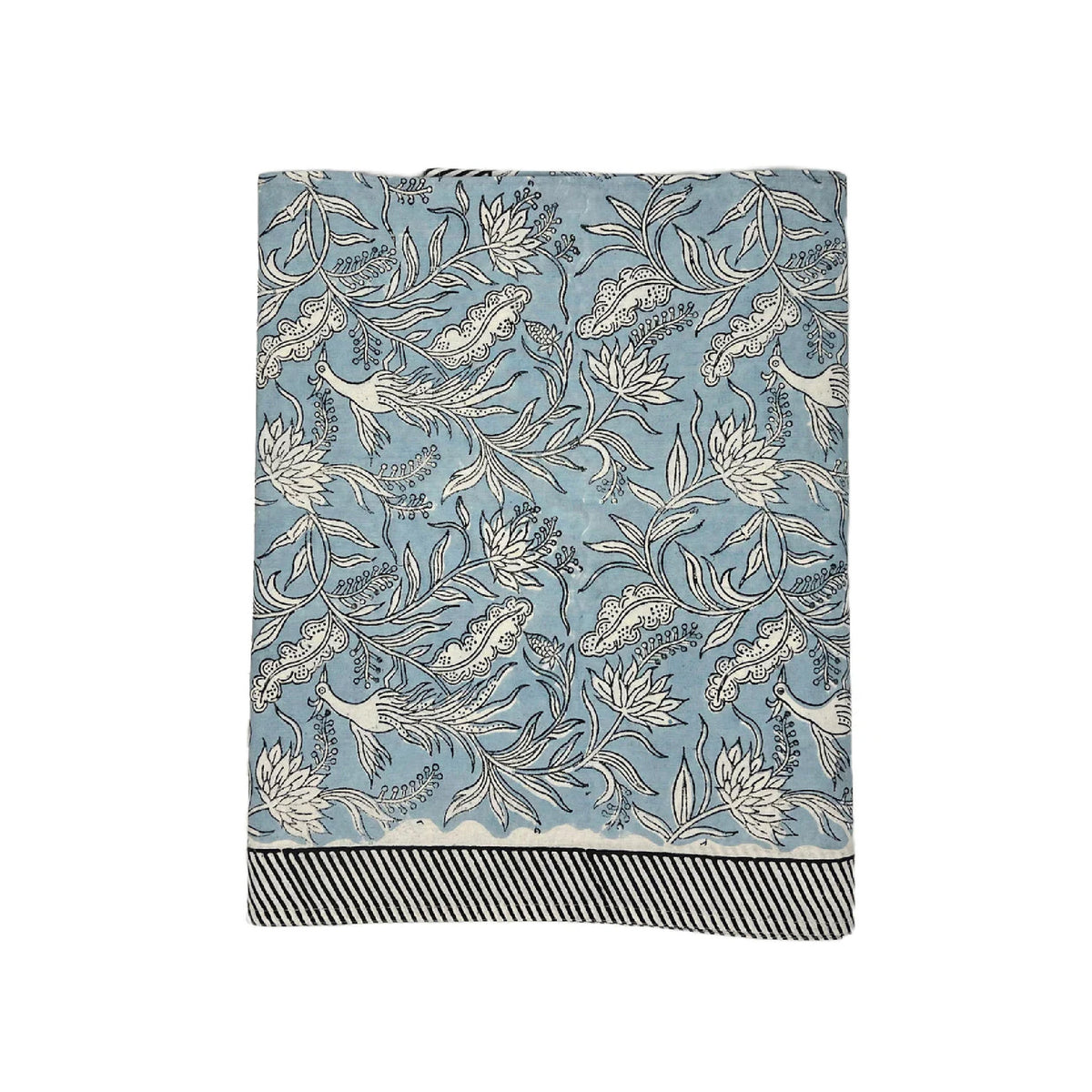 rectangle cotton block printed tablecloth birds feathers blue black white