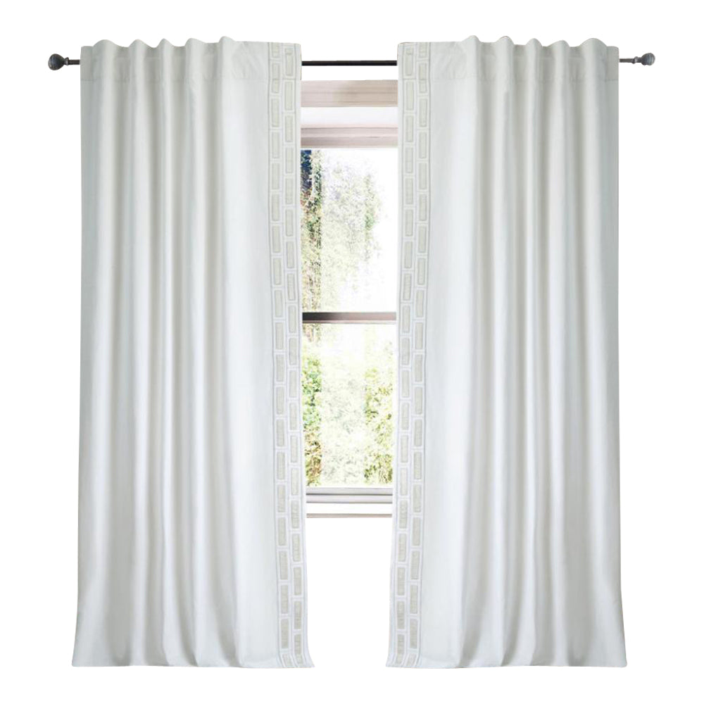 white linen blend curtain panels white and cream trim