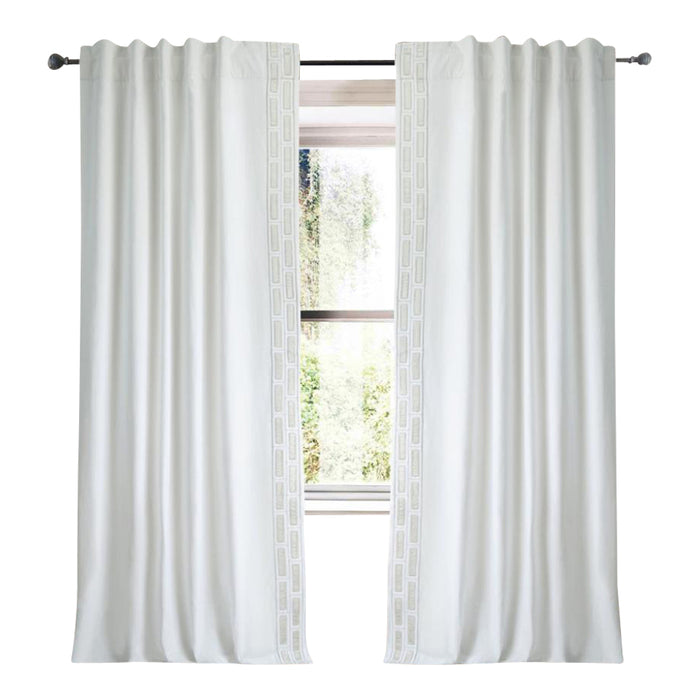 white linen blend curtain panels white and cream trim