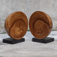 bookends round natural teak wood black base 
