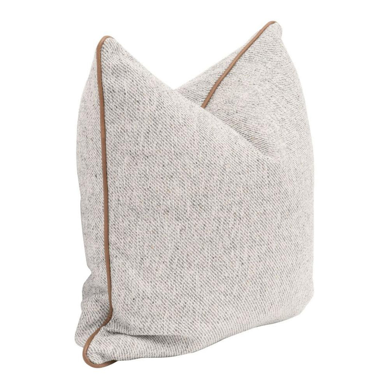 22" square pillow grey off-white tweed leather piping
