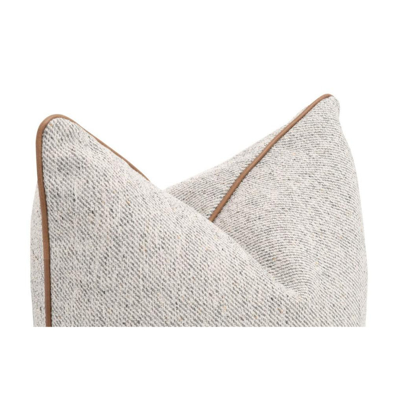 22" square pillow grey off-white tweed leather piping