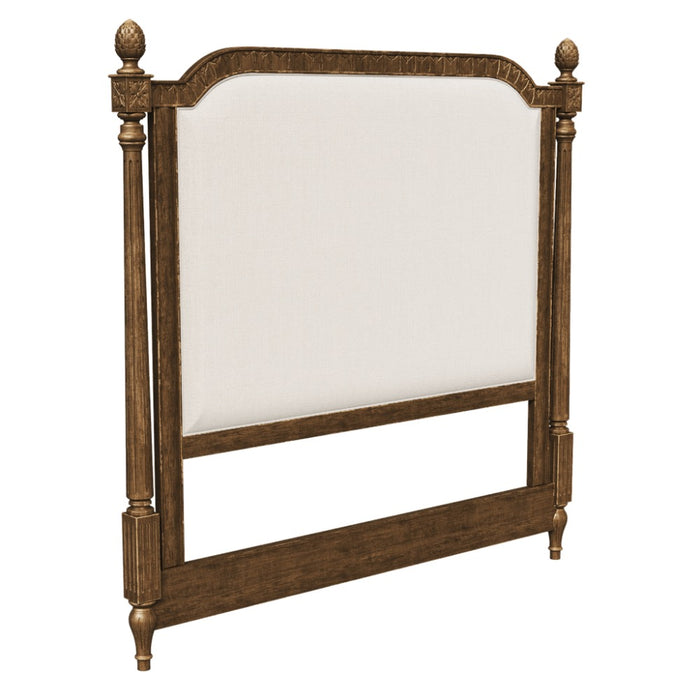 king headboard dark wood frame cream upholstery 