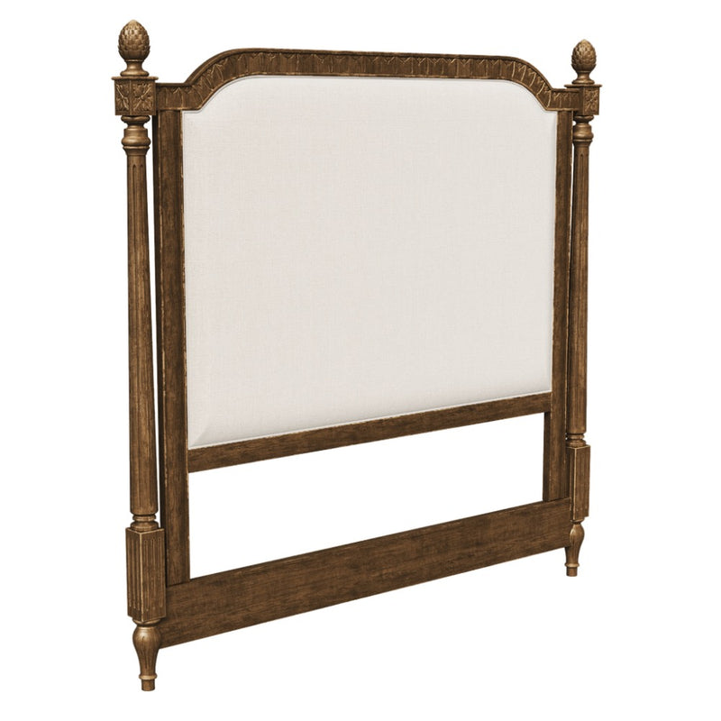 king headboard dark wood frame cream upholstery 
