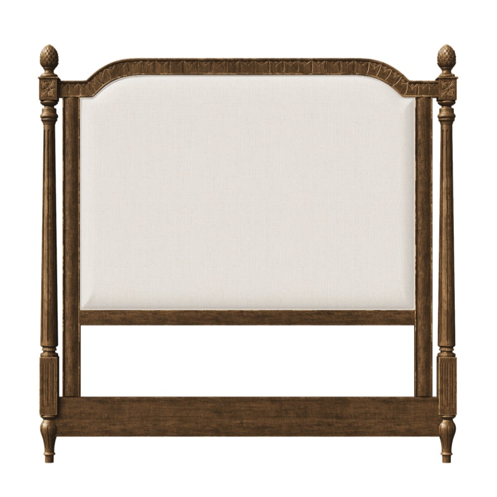 king headboard dark wood frame cream upholstery 