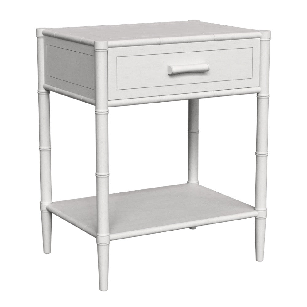 wood side table white drawer bamboo-like legs lower shelf
