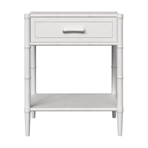wood side table white drawer bamboo-like legs lower shelf