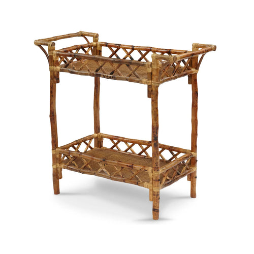 Kenian Tortoise Shell Bamboo Beverage Stand with two tiers and lattice sides, shown on a white background.
