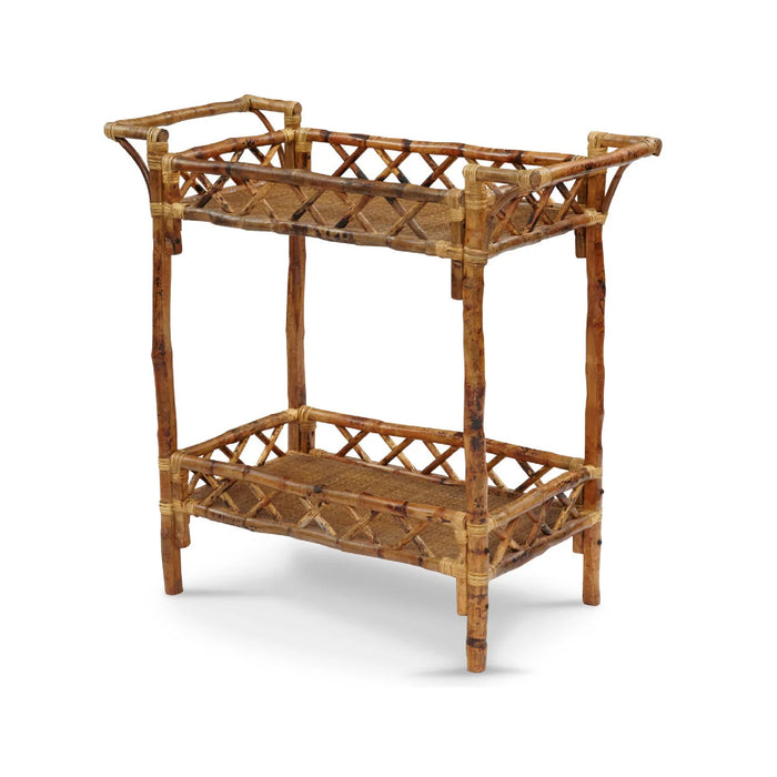 Kenian Tortoise Shell Bamboo Beverage Stand with two tiers and lattice sides, shown on a white background.
